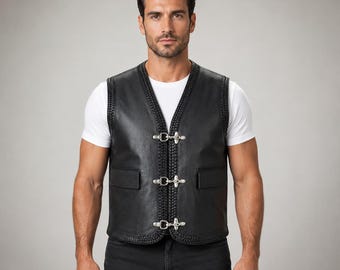 Men's Black Leather Vest with Braided Rope Trim Silver Clasps - Biker Sleeveless Vest Trendy