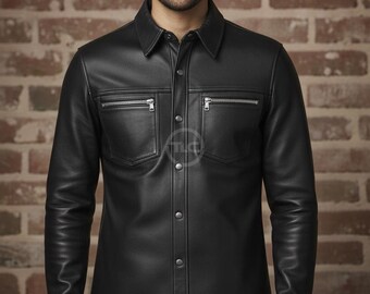 Men's Leather Shirt Lambskin Snap Button Front Slim Fit Black Biker Style Shirt Jacket