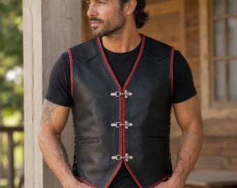 Men's Black Leather Vest with Red Braided Rope Trim & Silver Clasps - Biker Style Vest