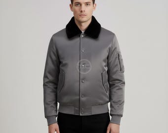 Satin Jacket Men's Faux Fur Collar Bomber Flight Style Grey Snap Button Winter Outerwear