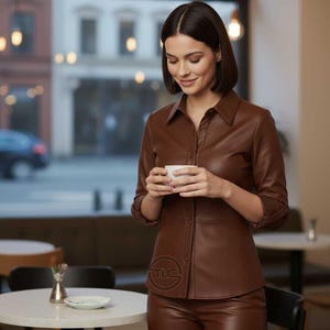 May include: A woman wearing a brown leather shirt and matching pants, holding a white cup. The shirt has a collared neckline and button-down front. The outfit is worn in a cafe setting with round tables and a window in the background.