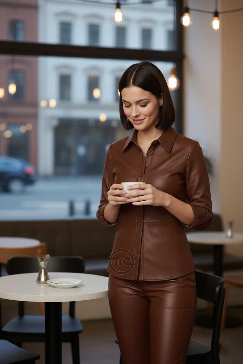 May include: A woman wearing a brown leather shirt and matching pants, holding a white cup. The shirt has a collared neckline and button-down front. The outfit is worn in a cafe setting with round tables and a window in the background.