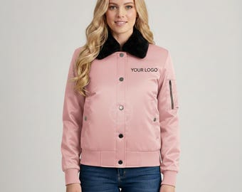 Women Satin Bomber Jacket Soft Pink Button Front Faux Fur Collar Casual Fashion