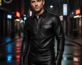 Puede incluir: Una camisa de cuero negro con dos bolsillos en el pecho, combinada con pantalones y guantes de cuero a juego. El conjunto se completa con un cinturón negro. La imagen está ambientada en un fondo de ciudad borroso.