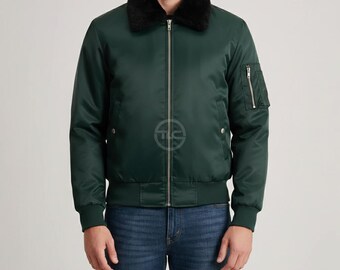 Men Satin Bomber Jacket With Fur Collar Zip Up Flight Jacket Winter Aviator Style
