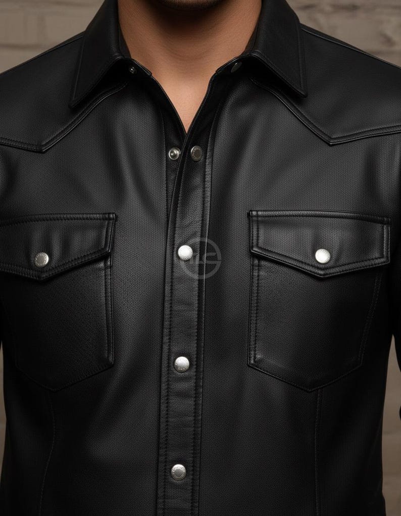 Puede incluir: Camisa negra con botones, dos bolsillos en el pecho y cuello cl&aacute;sico. La camisa tiene botones plateados y una superficie texturizada y perforada. El dise&ntilde;o incluye costuras decorativas a lo largo del canes&uacute; y los bordes de los bolsillos.