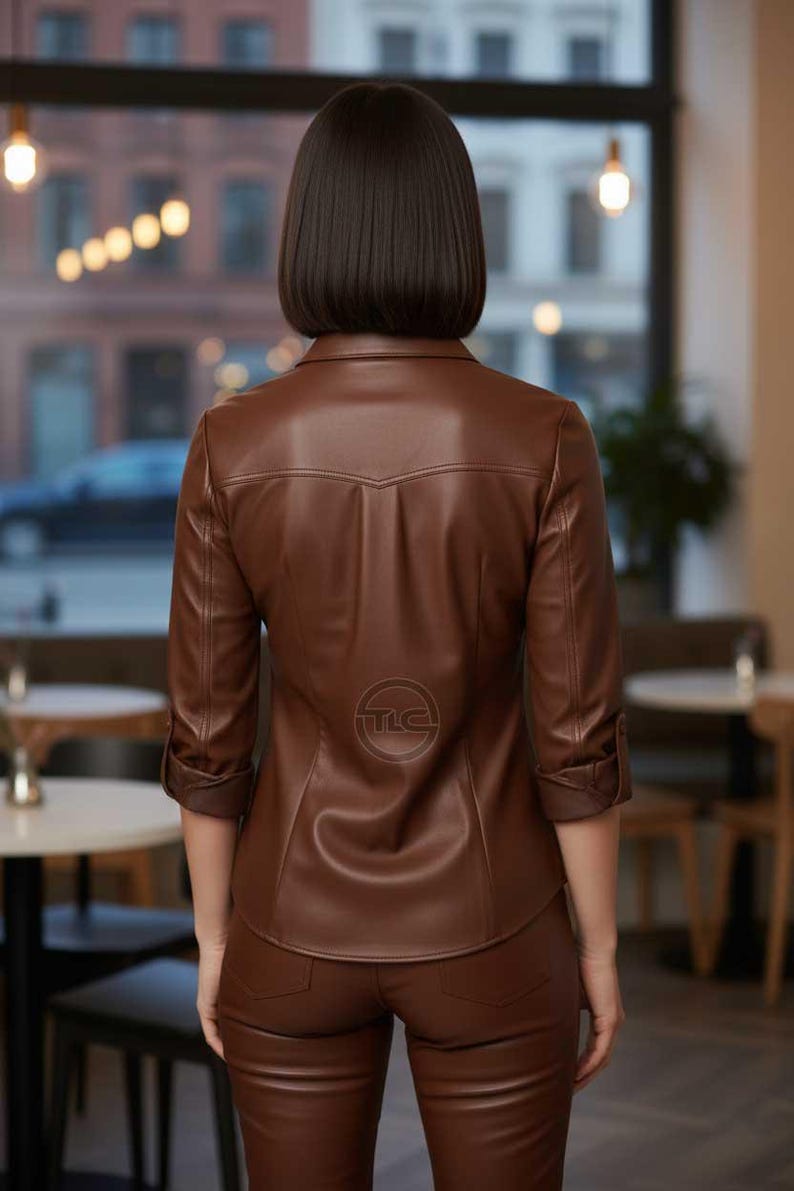 May include: A brown leather jacket with three-quarter sleeves and matching pants. The jacket has a collared neckline and a logo on the back. The outfit is a solid, rich brown color.