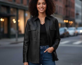 Women's Genuine Lambskin Leather Shirt Jacket Soft Real Leather Button Front Casual Shacket