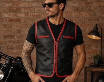 Men's Black Cowhide Leather Biker Vest Red Trim Zipper Front Dual Chest Pockets Motorcycle