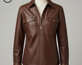 Women’s Lambskin Leather Shirt Jacket – Soft Genuine Leather Zip Front Style with Chest Pockets