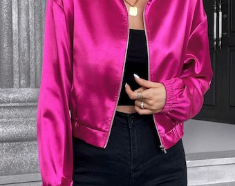 Custom Women’s Cropped Satin Zip-Up Jacket – Shiny Lightweight Fashion Crop with Logo, XXS–5XL