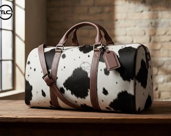 May include: A duffel bag with a cowhide pattern in black and white. The bag has brown leather handles, a shoulder strap, and a luggage tag. The bag is on a wooden surface.