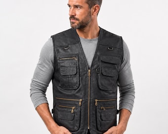 Men's Genuine Leather Multi Pocket Tactical Vest -Safari Utility Waistcoat Custom Size