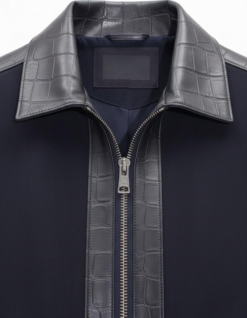 May include: A navy blue jacket with a dark grey, textured faux-leather collar and trim. The jacket has a full-length silver zip and a small, rectangular label. The design is modern and stylish, suitable for various occasions.
