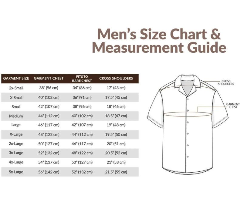 Puede incluir: Una tabla de tallas y una gu&iacute;a de medidas para camisas. Las tallas van de 2X-Small a 5X-Large, con medidas de pecho en cm, medidas de pecho desnudo y medidas de hombros en cm. Un dibujo de una camisa de manga corta est&aacute; a la derecha.
