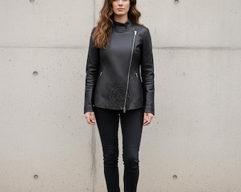 Women's Black Genuine Leather Shirt Jacket Slim Fit Button Front Leather Top