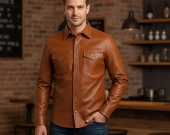 Chaqueta de camisa de cuero genuino marrón para hombre, con botones delanteros, corte entallado, hecha a mano.