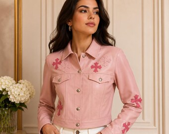Pink Leather Jacket Women Cross Patch Moto Biker Coat Y2K Streetwear Cropped Fitted Button Up