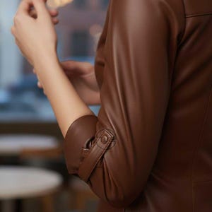 May include: A brown leather jacket with a buttoned sleeve detail. The jacket has a tailored fit and a classic design. The image shows the sleeve and part of the jacket's body, highlighting the texture and color.