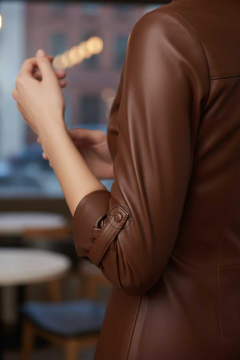 May include: A brown leather jacket with a buttoned sleeve detail. The jacket has a tailored fit and a classic design. The image shows the sleeve and part of the jacket's body, highlighting the texture and color.