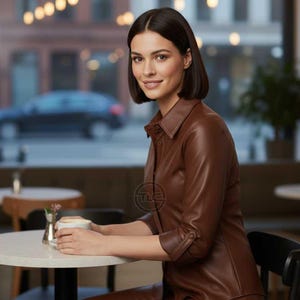 May include: A woman wearing a brown leather shirt and matching pants, seated at a cafe table. The shirt has a collared neckline and buttoned sleeves. She is holding a white cup of coffee. The background shows a city street scene.