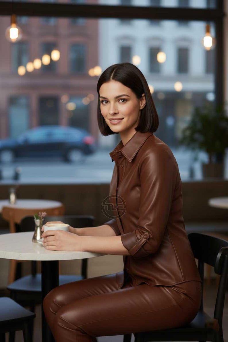 May include: A woman wearing a brown leather shirt and matching pants, seated at a cafe table. The shirt has a collared neckline and buttoned sleeves. She is holding a white cup of coffee. The background shows a city street scene.