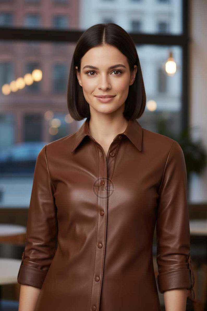 May include: A brown leather shirt with a collared neckline and button-down front. The long-sleeved shirt has buttoned cuffs. The model is wearing the shirt in a well-lit indoor setting.