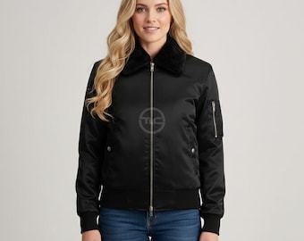 Satin Jacket Women Black Bomber Faux Fur Collar Flight Zip Up Winter Streetwear