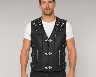 Men's Cowhide Leather Biker Vest Men Heavy Metal Studs Silver Buckles Rocker Sleeveless