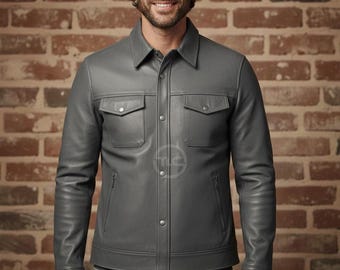 Grey Leather Shirt for Men Lambskin Slim Fit Button Up Luxury Casual Style