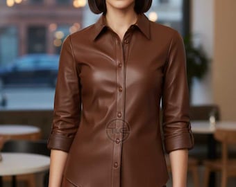 Women's Brown Lambskin Leather Shirt Jacket Button Front Soft Genuine Leather Overshirt