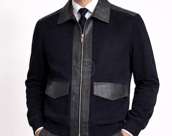 Men Suede Leather Jacket Crocodile Embossed Lambskin Trim Zip Smart Casual Wear Outer fashion