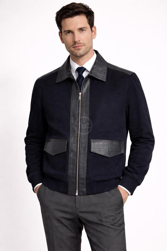 Men Suede Leather Jacket Crocodile Embossed Lambskin Trim Zip Smart Casual Wear Outer fashion