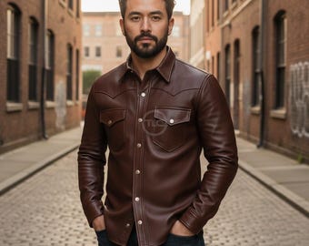 Men Genuine Leather Buttoned Slim Fit Casual Shirt Jacket Handmade Custom Wear Urban Edge