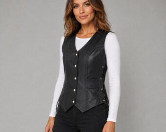 Women's Black Leather Vest Braided Rope Trim Pearl Snaps - Biker Sleeveless Vest