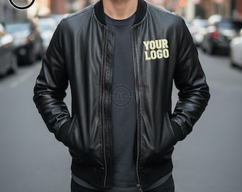 Custom Men’s Leather Bomber Jacket with Logo – Real Black Zip Jacket for Streetwear & Teams