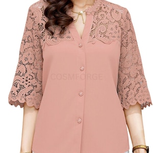 Women's Lace Patchwork V-Neck Blouse, 3/4 Sleeve Elegant Office Shirt