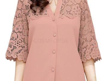Women's Lace Patchwork V-Neck Blouse, 3/4 Sleeve Elegant Office Shirt
