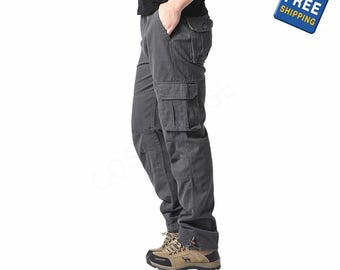Men's Cotton Tactical Cargo Pants, Loose Fit Jogger Trousers, Large Pockets