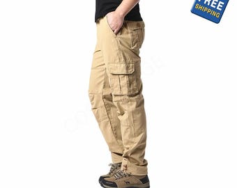 Men's Cotton Tactical Cargo Pants, Loose Fit Jogger Trousers, Large Pockets