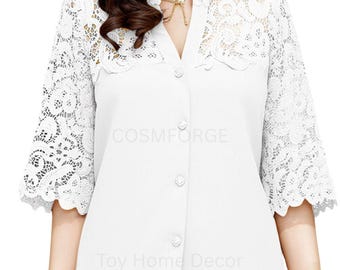Women's Lace Patchwork V-Neck Blouse, 3/4 Sleeve Elegant Office Shirt