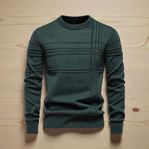 Herr stickad tröja med rund hals – Enfärgad casual pullover – Höst/vinter vardagstopp
