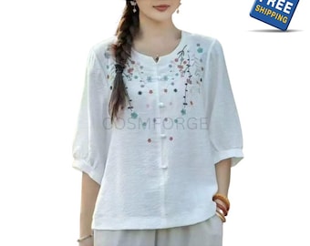 Embroidered Cotton Linen Blouse, Women's Retro Short Sleeve Summer Top