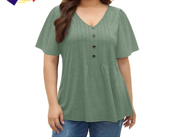 Plus Size Babydoll Peplum Top, Pleated Puff Sleeve V-Neck Tunic