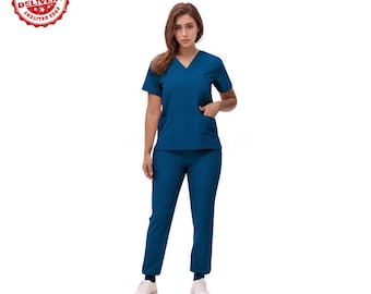 Stretchy V-Neck Nurse Scrub Set, Medical Uniform Jogger Pants Outfit