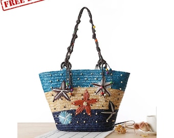 Bohemian Straw Woven Tote Bag, Hand-Embroidered Starfish, Beaded Shoulder Handbag, Vacation Summer Beach Bag