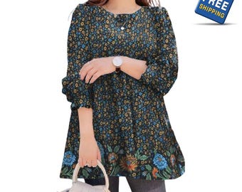Multi-Color Floral Print Top, Bubble Sleeve Summer Blouse, Lightweight Pullover Shirt