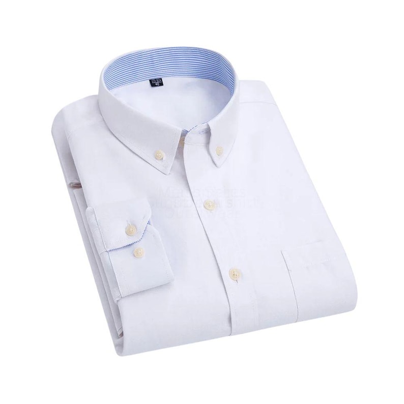 A button-down shirt with a classic collar and buttoned cuffs. The shirt features white buttons and a pocket on the left side. The collar has a striped pattern on the inside.