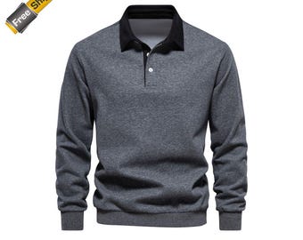 Men's Cotton Polo Neck Sweatshirt – Casual Autumn Pullover Sweater