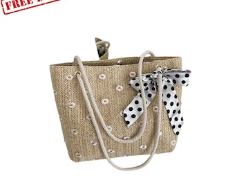 Embroidered Straw Shoulder Bag, Boho Floral Lace Summer Tote, Beach Travel Handbag